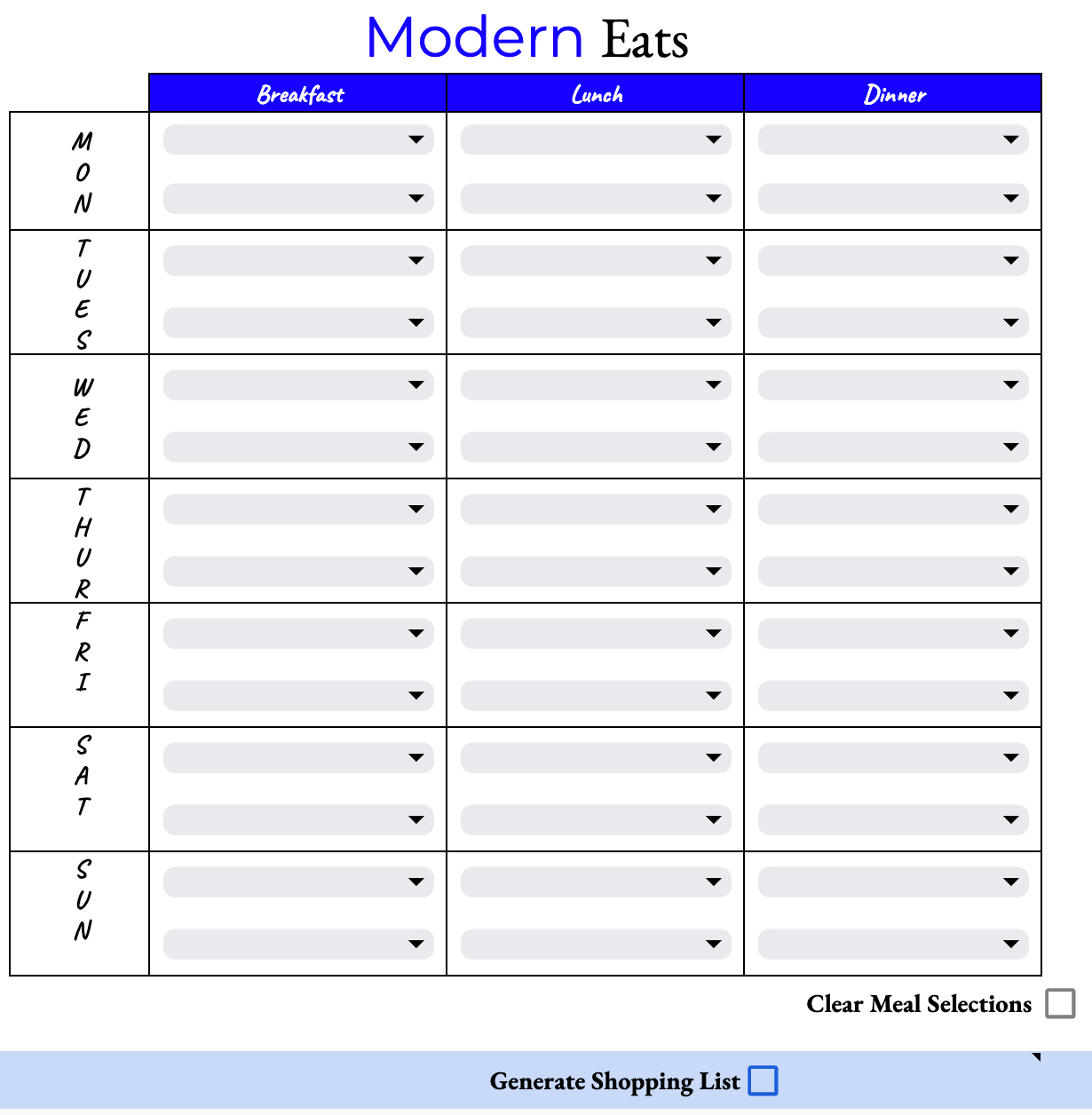 Modern Eats - Meal Planner / Grocery Generator